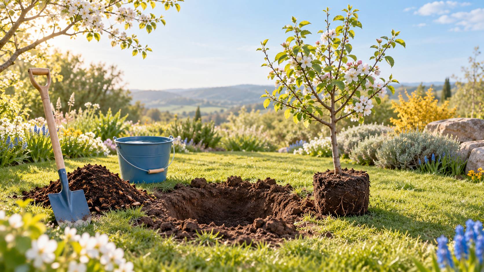 Trou de plantation prepare avec jeune arbre en motte, pelle et seau
