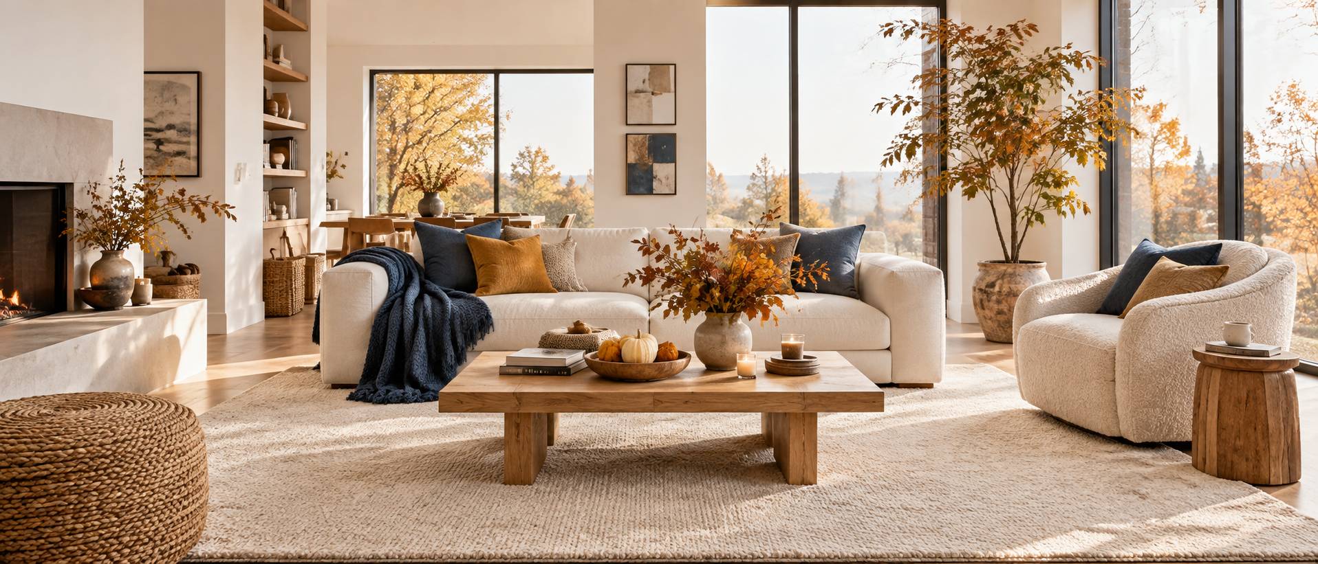 Illustration éditoriale du sujet : Décorer son salon pour l’automne : idées et astuces tendance