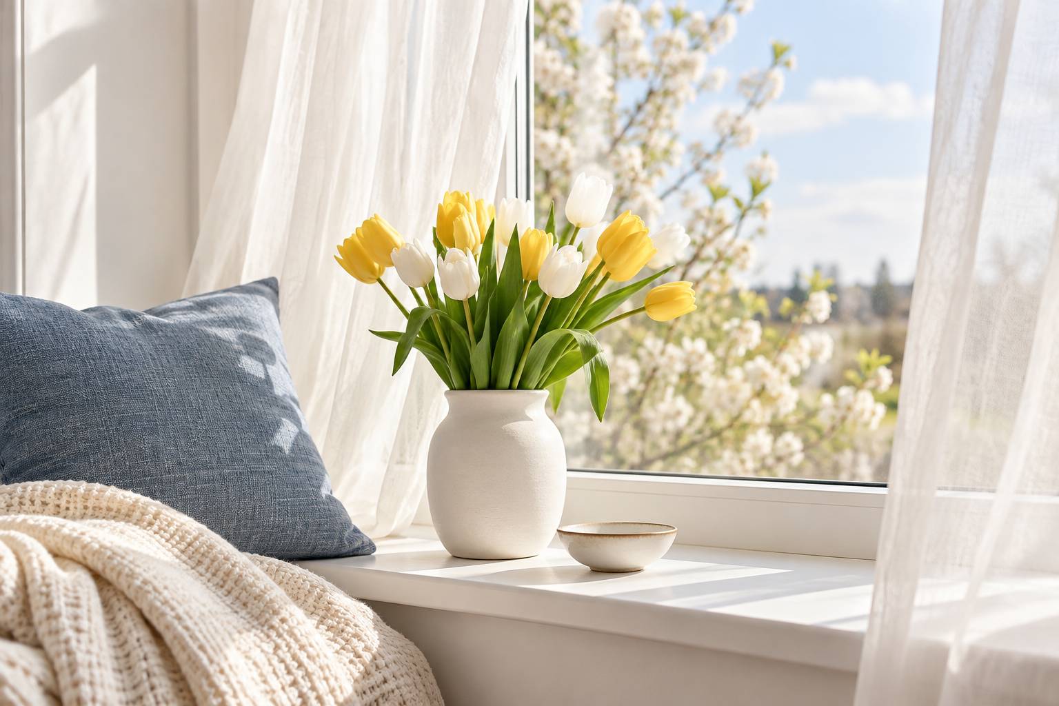 Détail d'un rebord de fenêtre avec voilage clair, tulipes et coussin pastel
