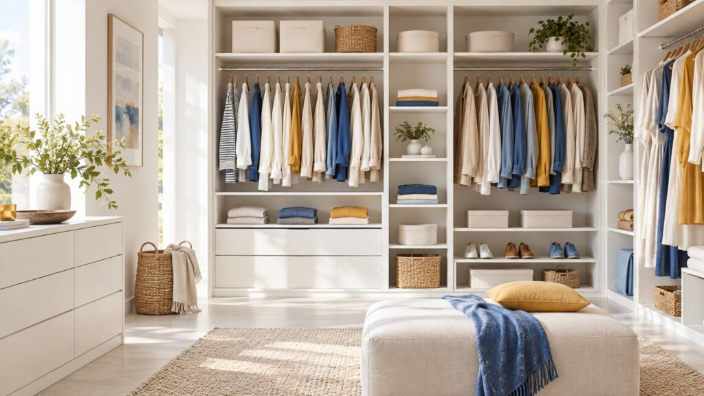 Dressing rangé et lumineux avec vêtements organisés par saison