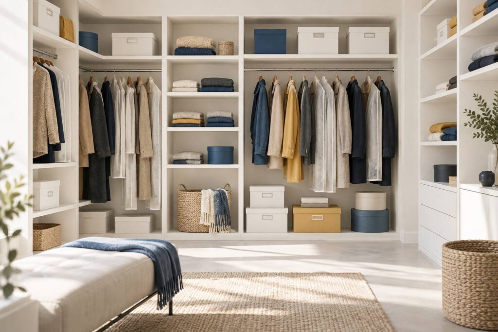 Dressing aéré avec manteaux suspendus, housses respirantes et boîtes de rangement