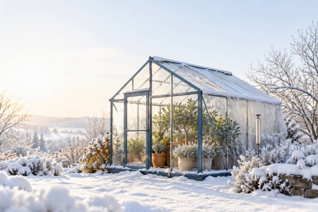Serre de jardin vitree en hiver avec plants en pots regroupes et givre leger