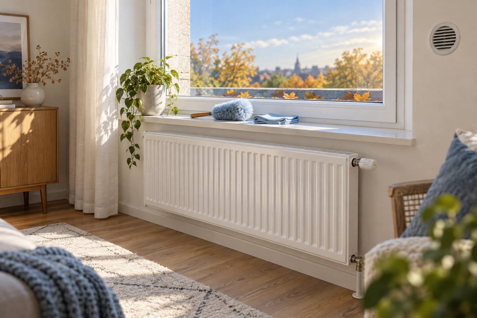 Radiateur dépoussiéré et joints de fenêtre neufs avec plumeau sur l'appui