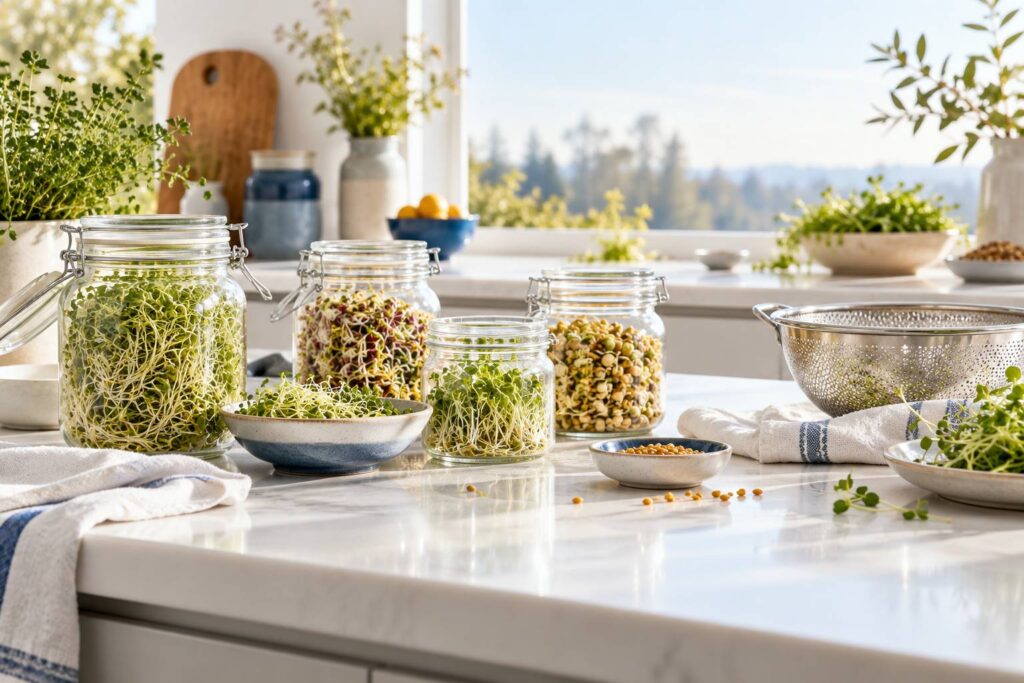 Bocaux en verre avec graines germees sur un plan de cuisine lumineux