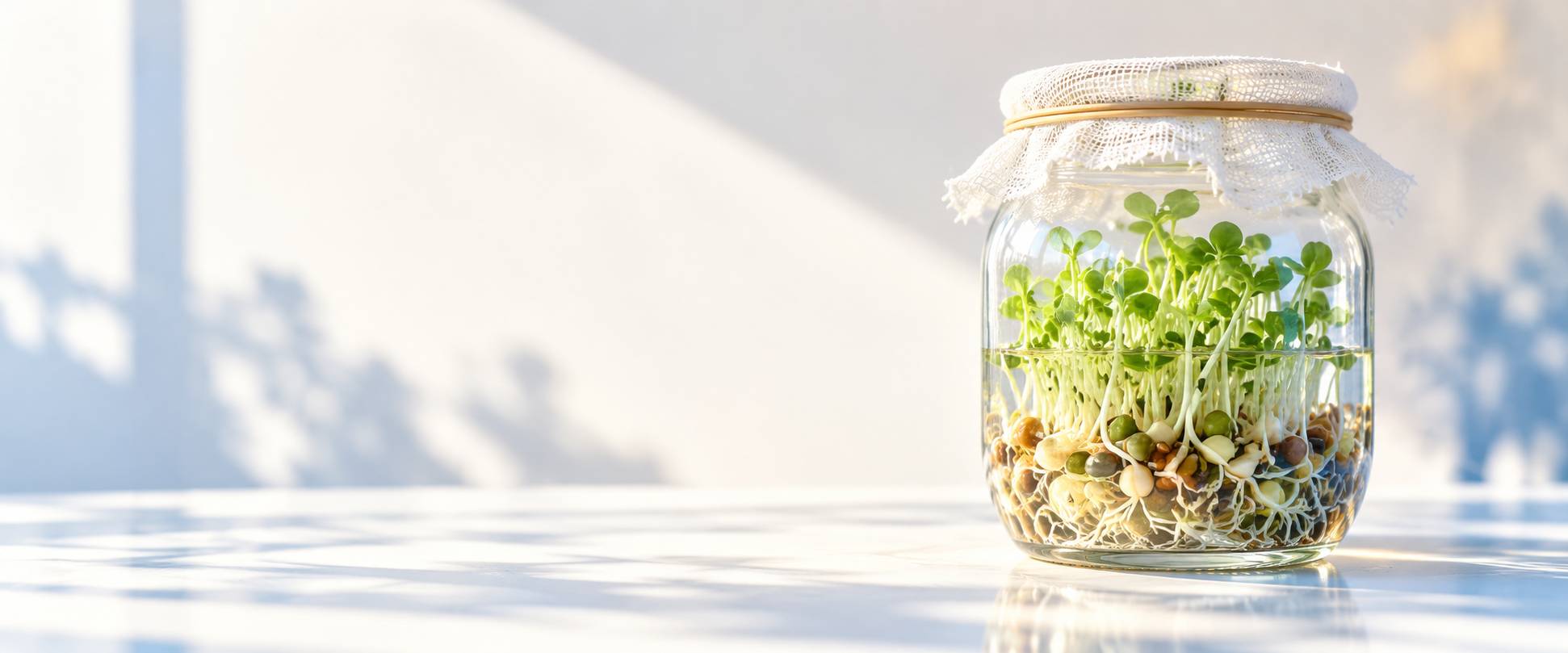 Graines en germination dans un bocal en verre avec de jeunes pousses