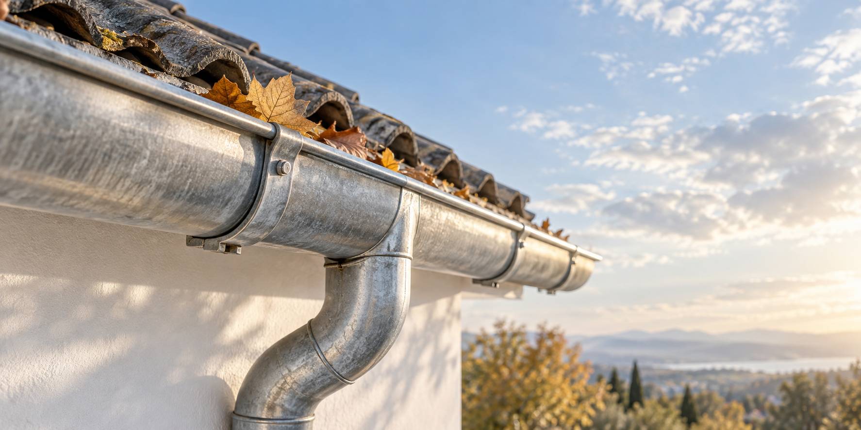 Gros plan sur une gouttière en zinc au bord d'un toit avec des feuilles mortes