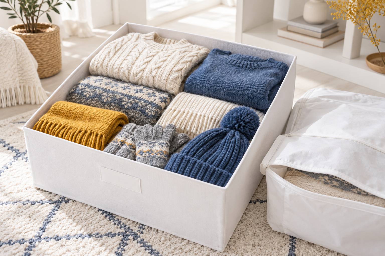 Gros plan sur des pulls en laine, écharpes et gants pliés dans une boîte