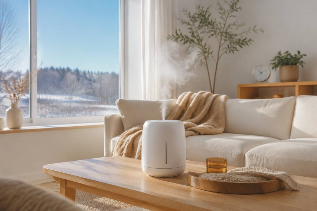 Humidificateur d'air blanc diffusant de la vapeur dans un salon d'hiver clair et chaleureux