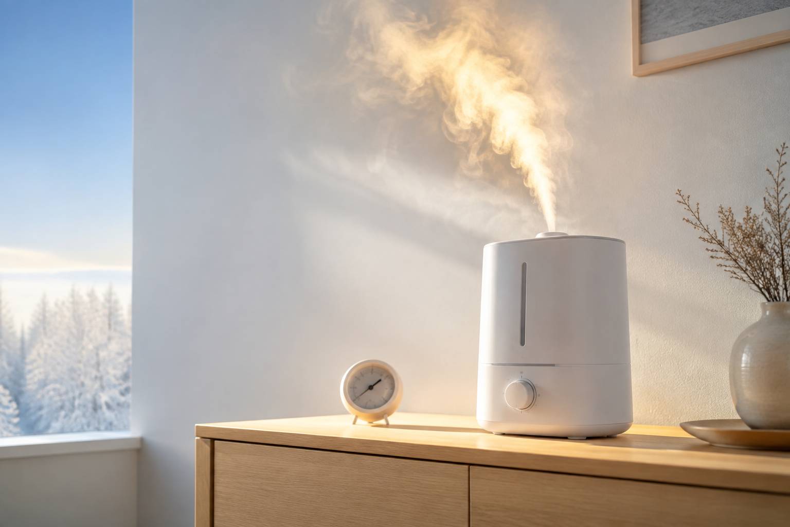 Humidificateur à ultrasons blanc émettant une brume fine près d'un hygromètre sur une commode