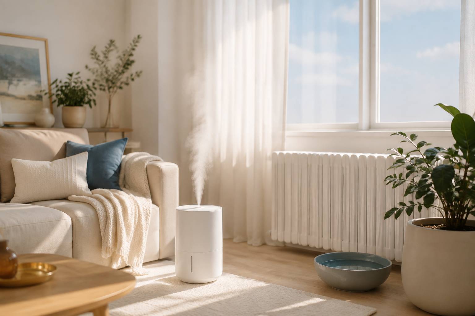 Humidificateur diffusant une vapeur légère dans un salon
