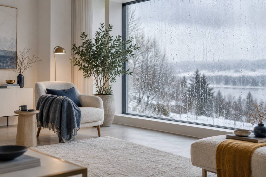 Fenetre embuee et gouttes d'eau dans un interieur de saison froide
