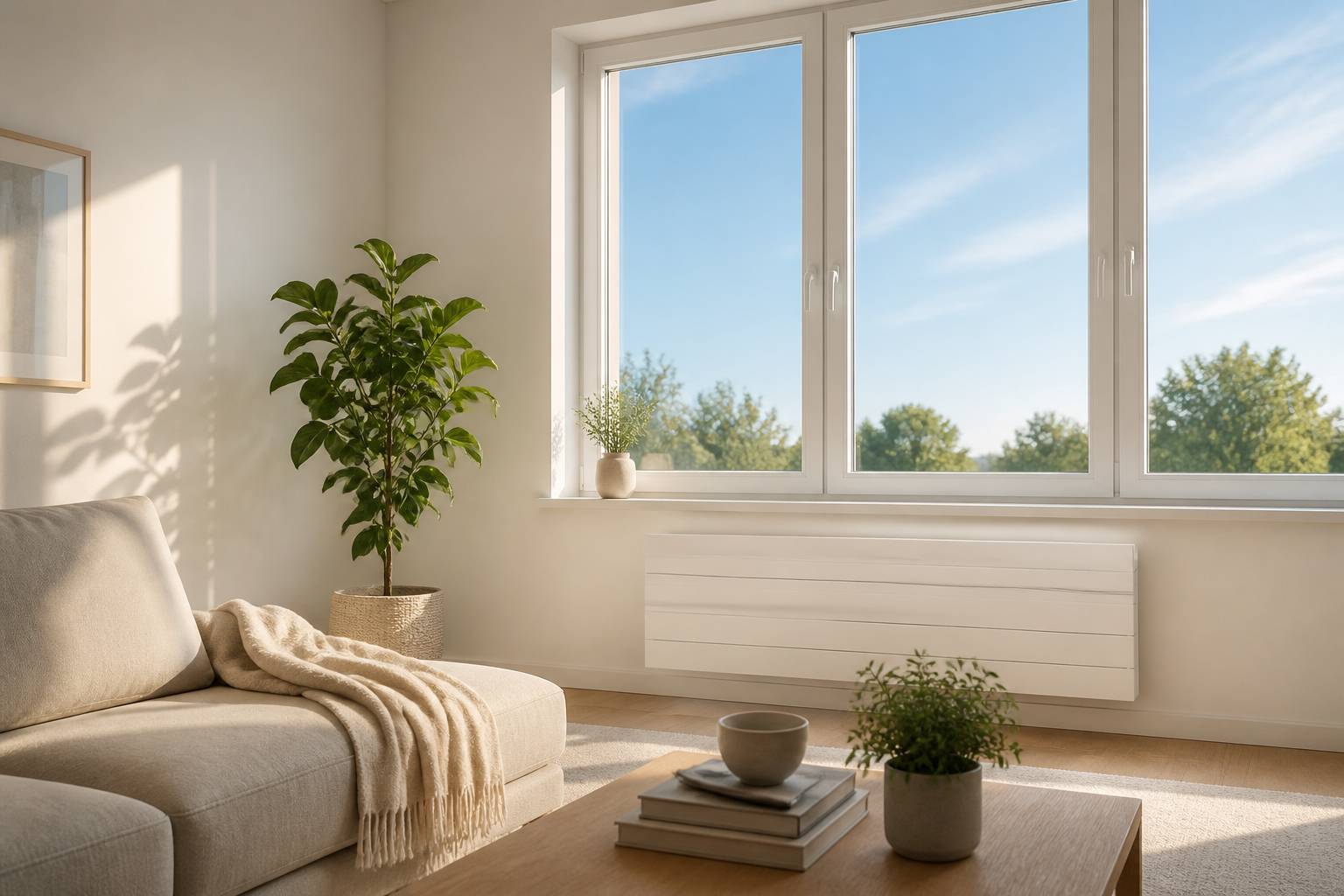 Intérieur lumineux d'une maison isolée avec fenêtre double vitrage et radiateur électrique moderne