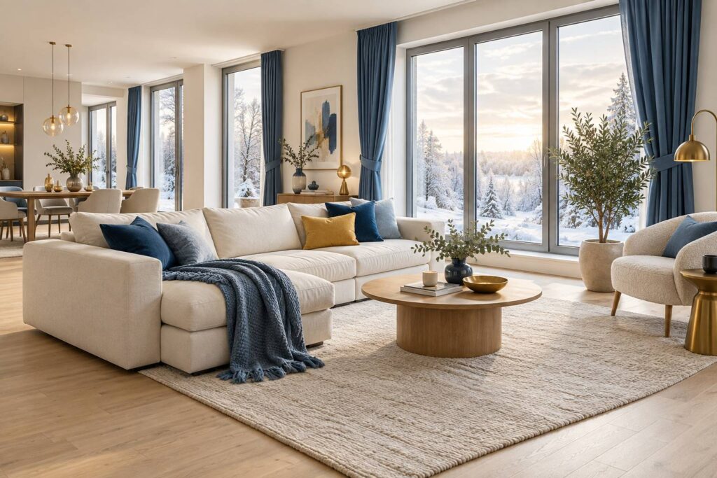 Piece de vie claire avec fenetres double vitrage et plaid sur un canape