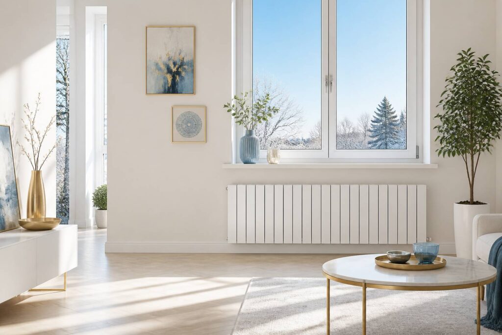 Intérieur clair de logement rénové avec grand vitrage et radiateur basse température
