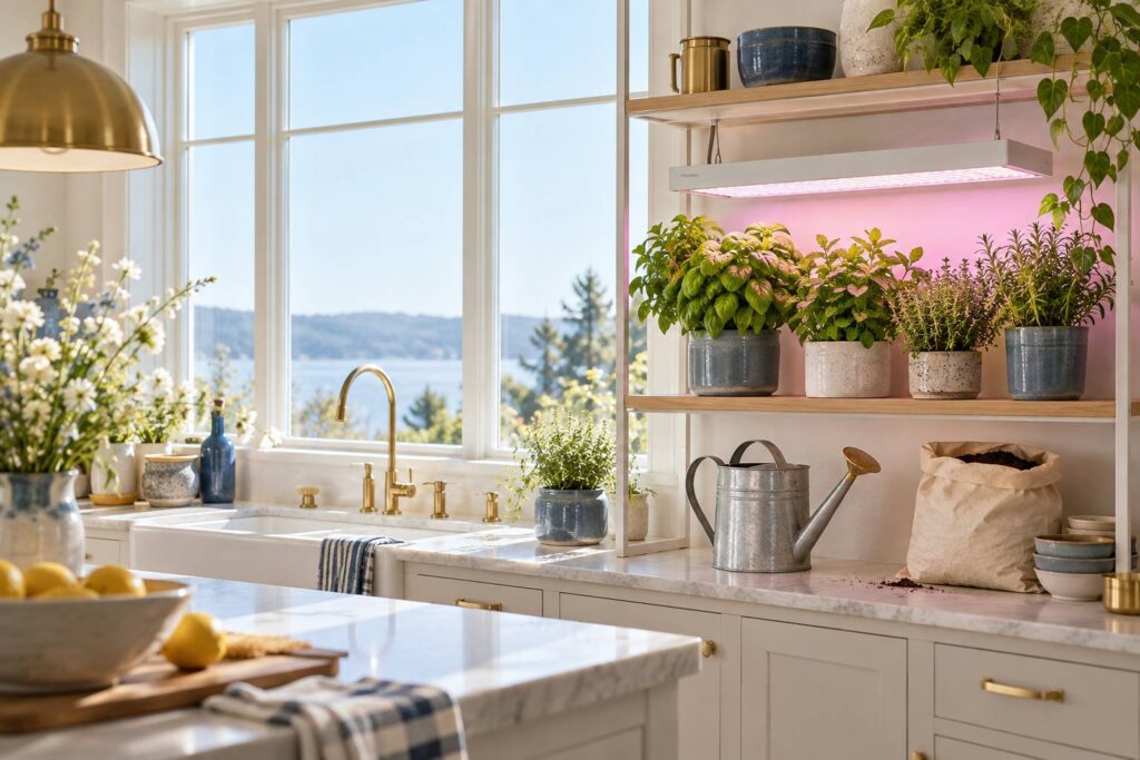 Herbes aromatiques en pots sous une lampe horticole dans une cuisine