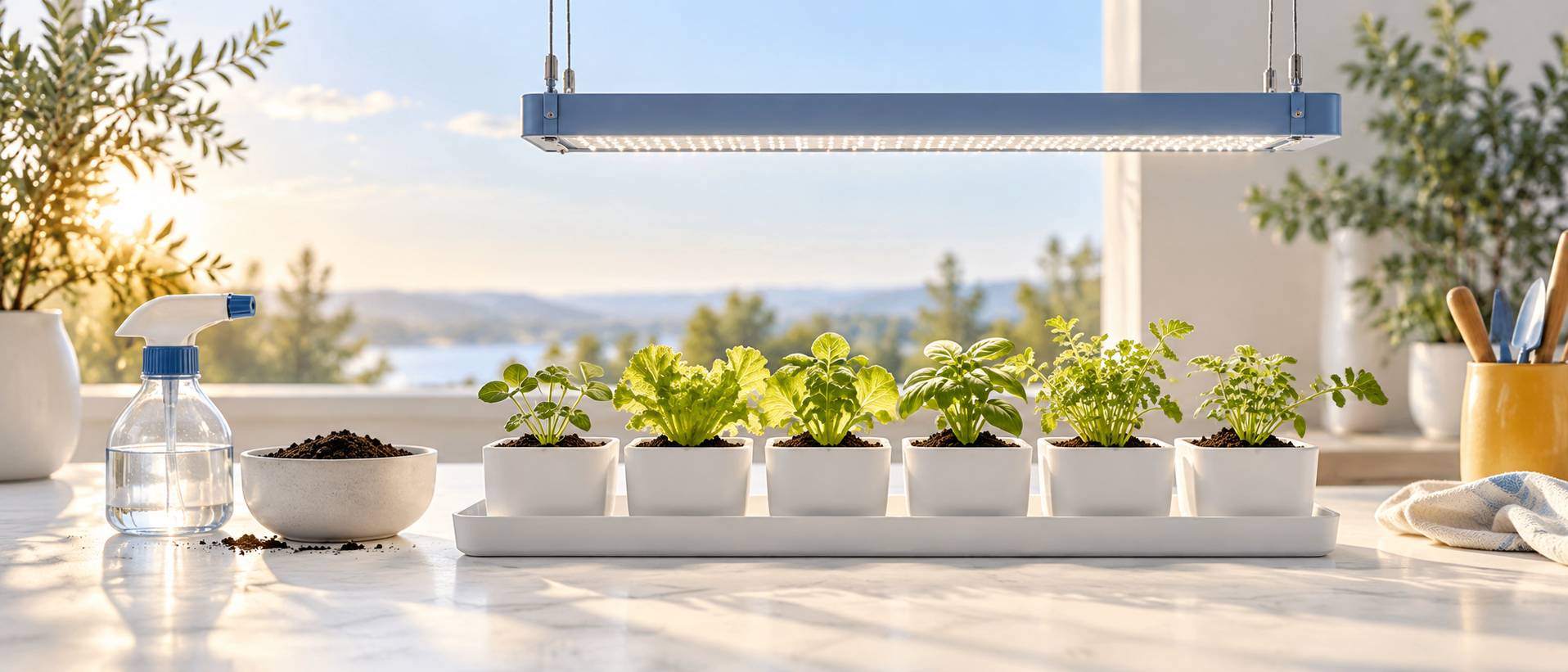 Jeunes pousses sous une lampe LED horticole sur un plan de travail
