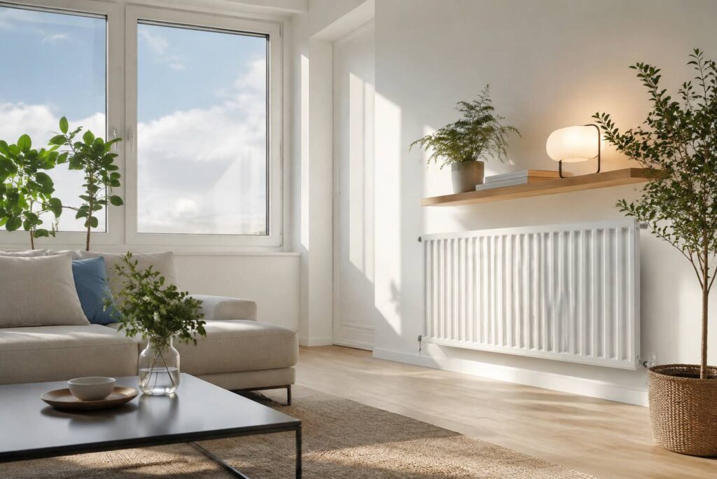 Pièce de vie lumineuse avec grande fenêtre et lampe LED pour économiser l'énergie