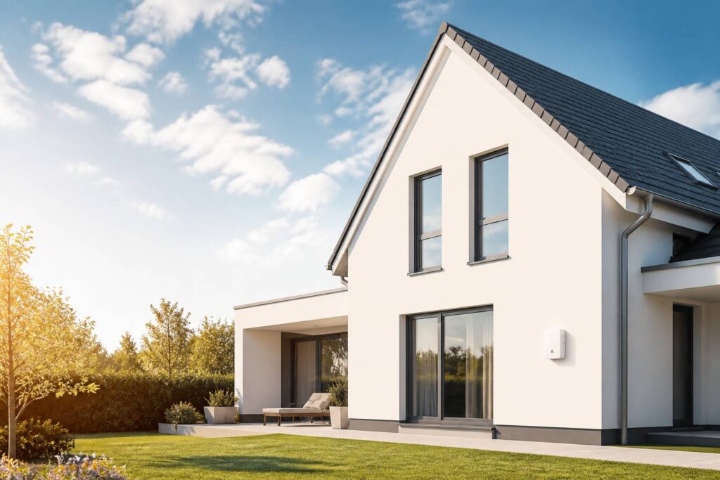 Maison individuelle récente bien isolée avec double vitrage et jardin soigné sous un ciel lumineux