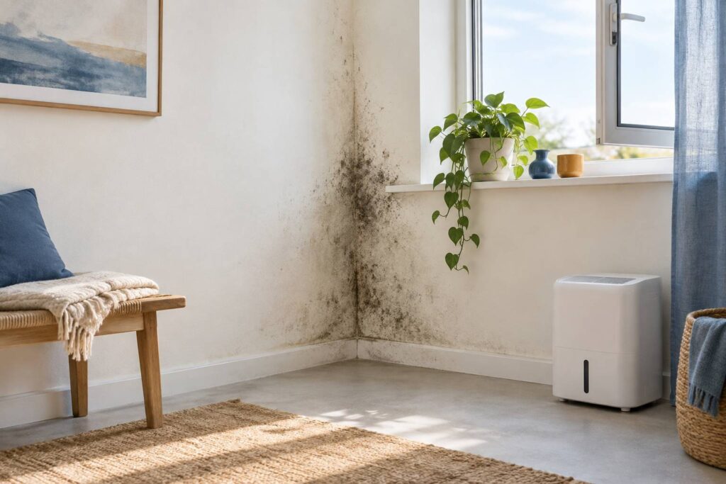Tache de moisissure sur un mur humide sous une fenetre ouverte