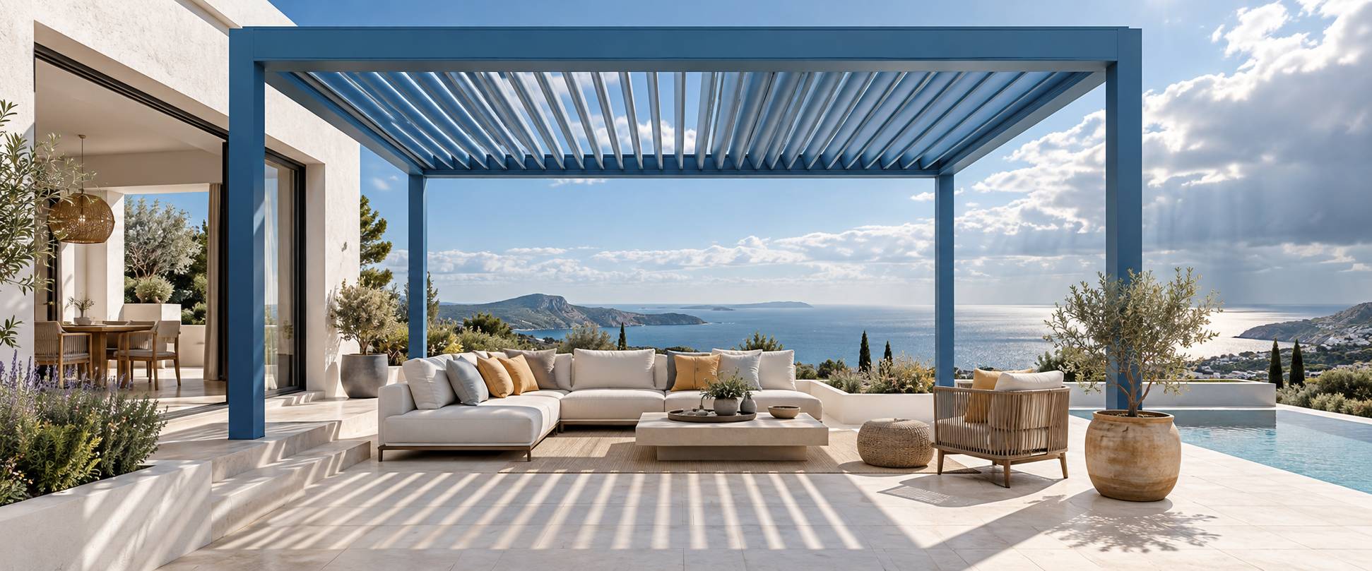 Illustration éditoriale du sujet : Pergola bioclimatique : tout savoir sur ses avantages et son fonctionnement