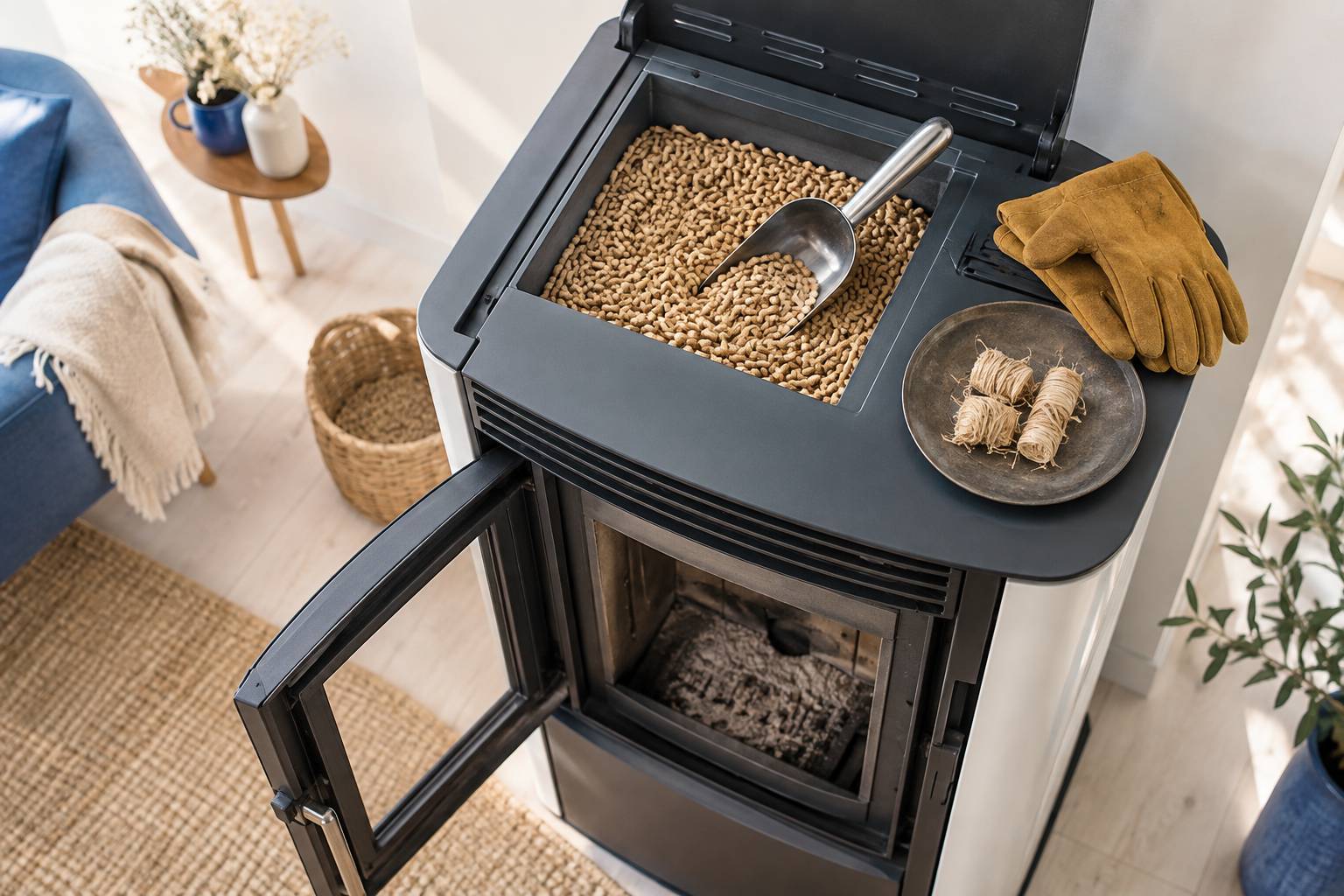 Réservoir de granulés et accessoires d'un poêle à bois