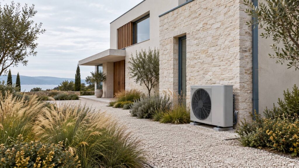 Unite exterieure de pompe a chaleur contre la facade d'une maison individuelle