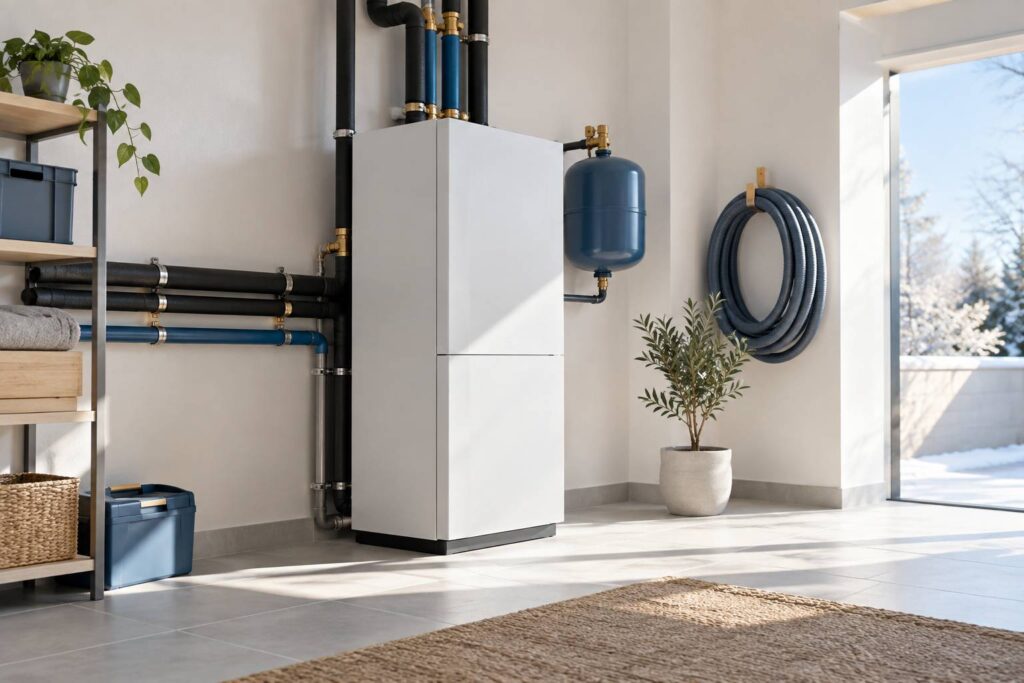 Module intérieur de pompe à chaleur installé contre un mur clair dans un local technique
