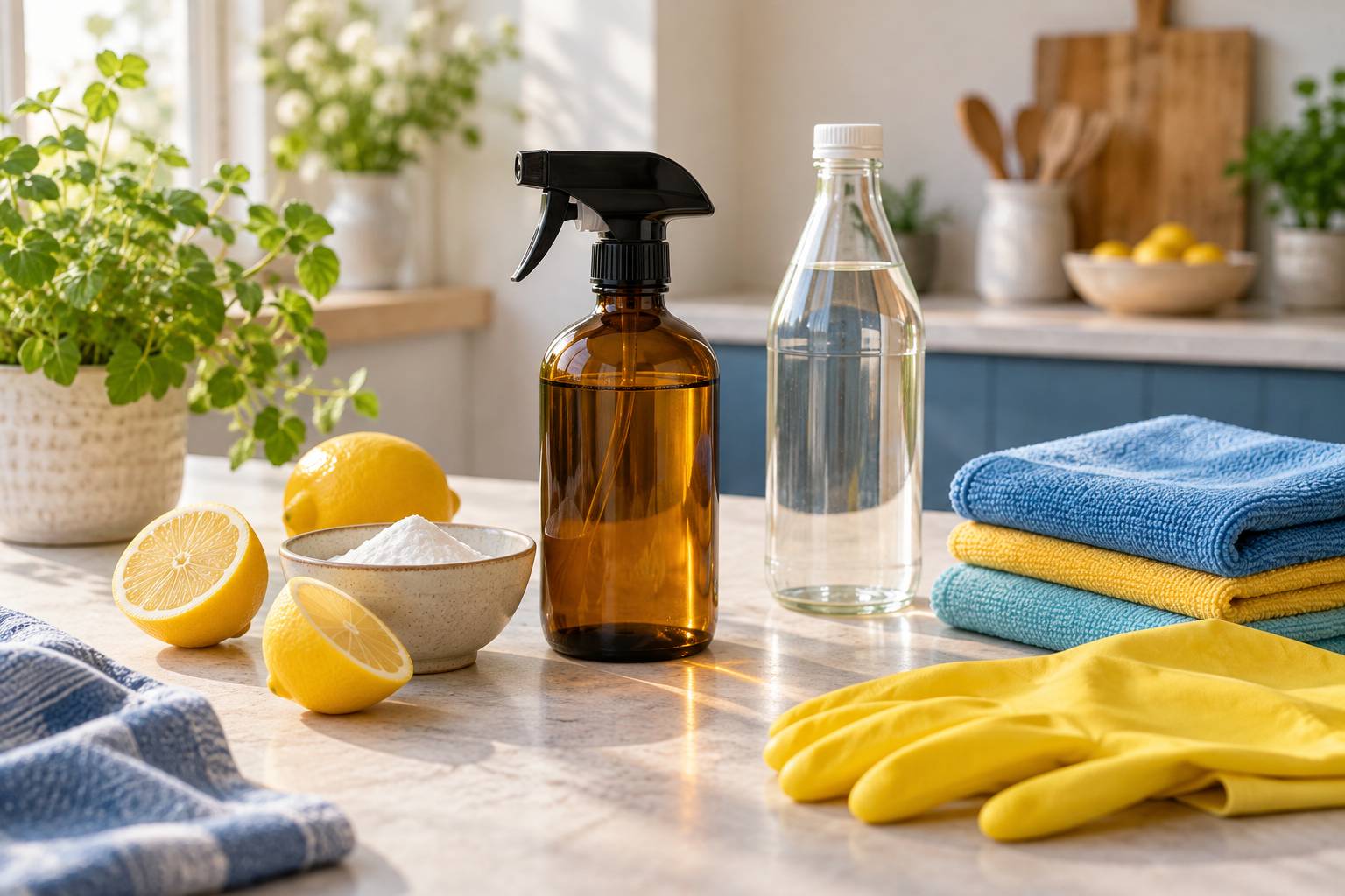 Produits ménagers naturels avec vinaigre, bicarbonate et citrons sur une table