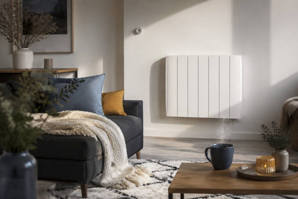 Salon d'hiver lumineux avec radiateur à inertie blanc et thermostat mural sans écran