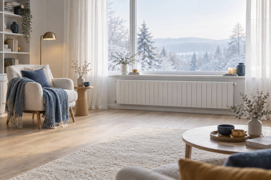 Radiateur blanc sous une fenetre dans un salon clair en hiver
