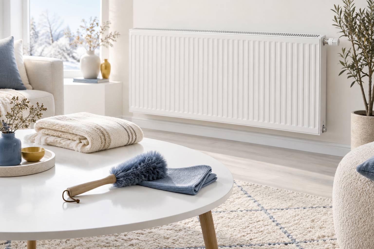 Radiateur a panneaux avec brosse depoussierante sur une table basse