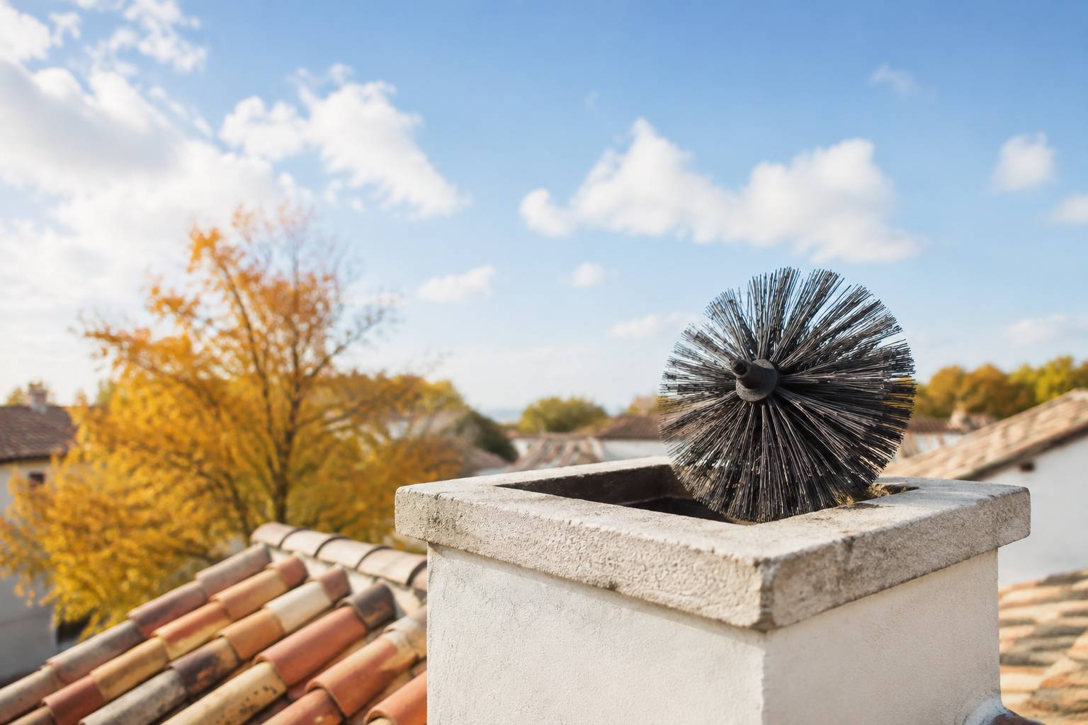Ouverture de conduit de cheminée sur un toit de tuiles avec brosse de ramonage et ciel d'automne