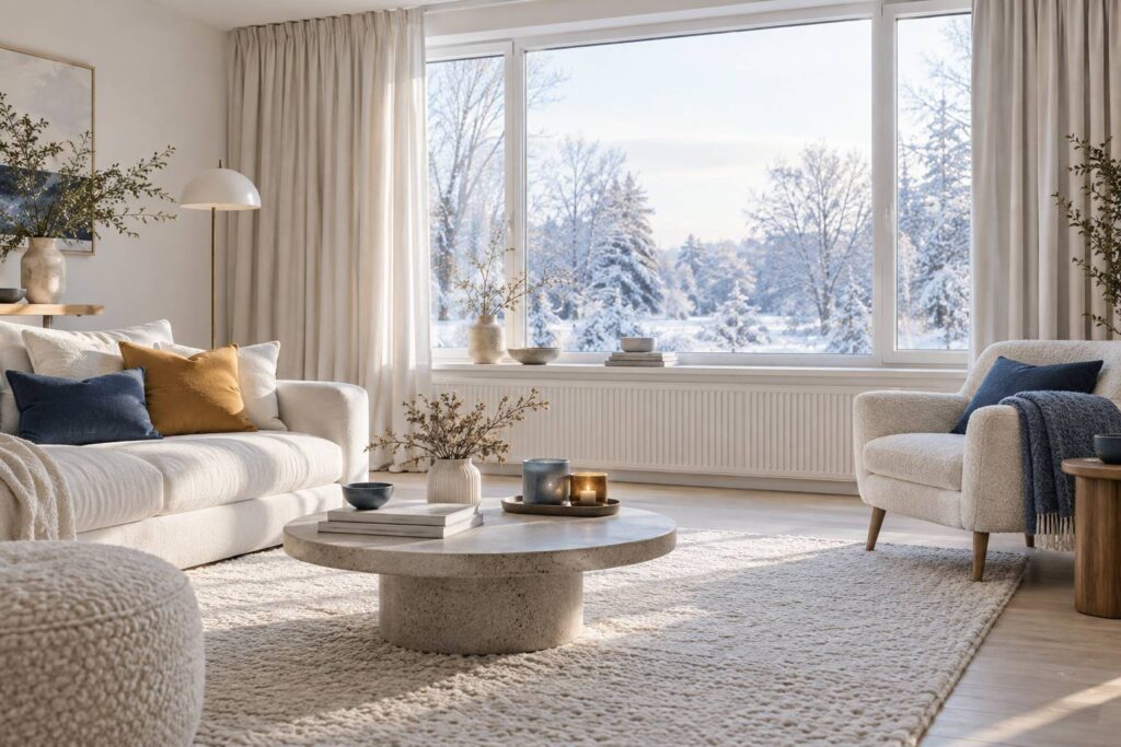 Salon clair en hiver avec radiateur sous la fenêtre et plaid plié
