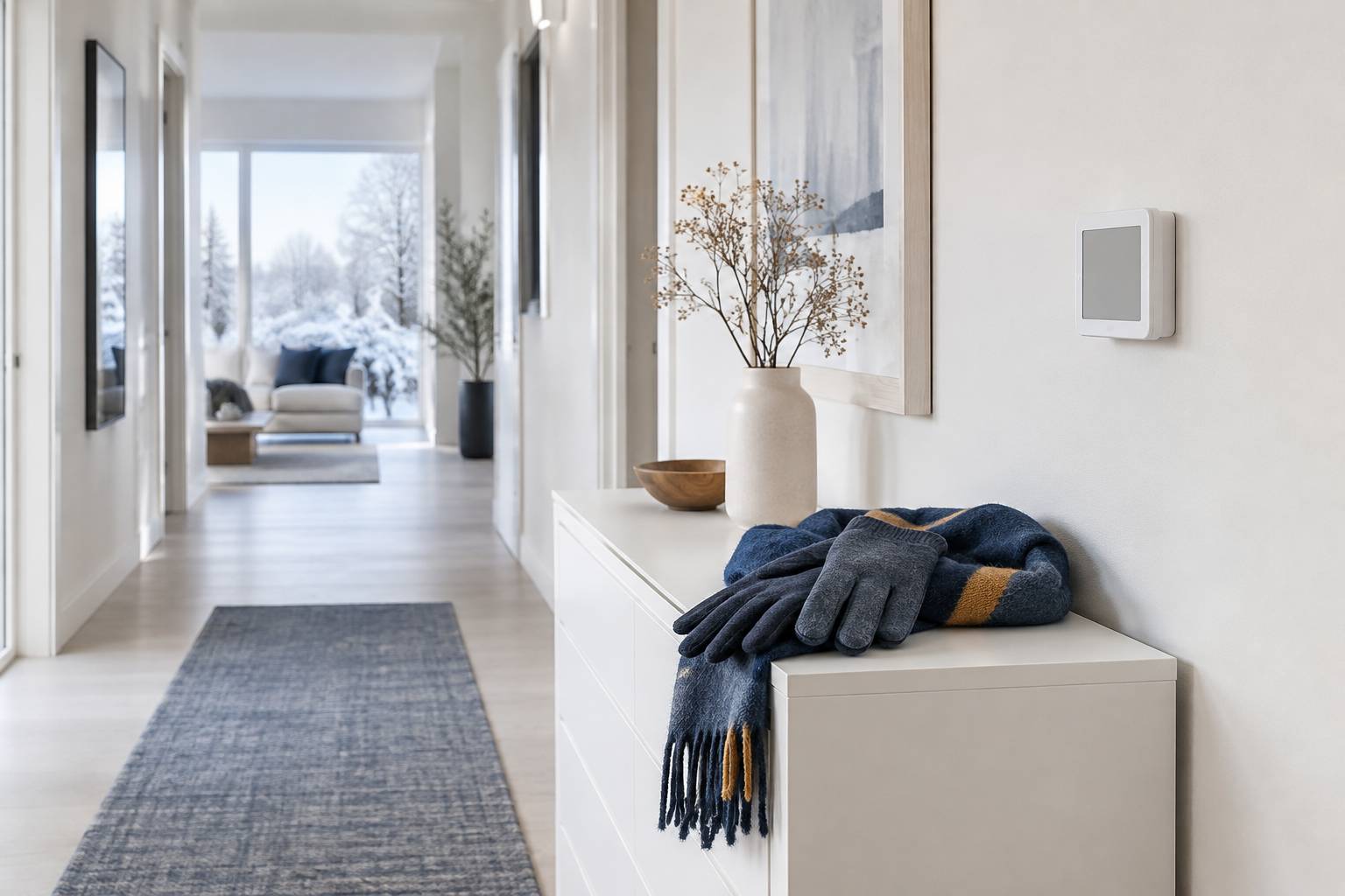 Thermostat mural sans affichage et vêtements chauds sur une commode