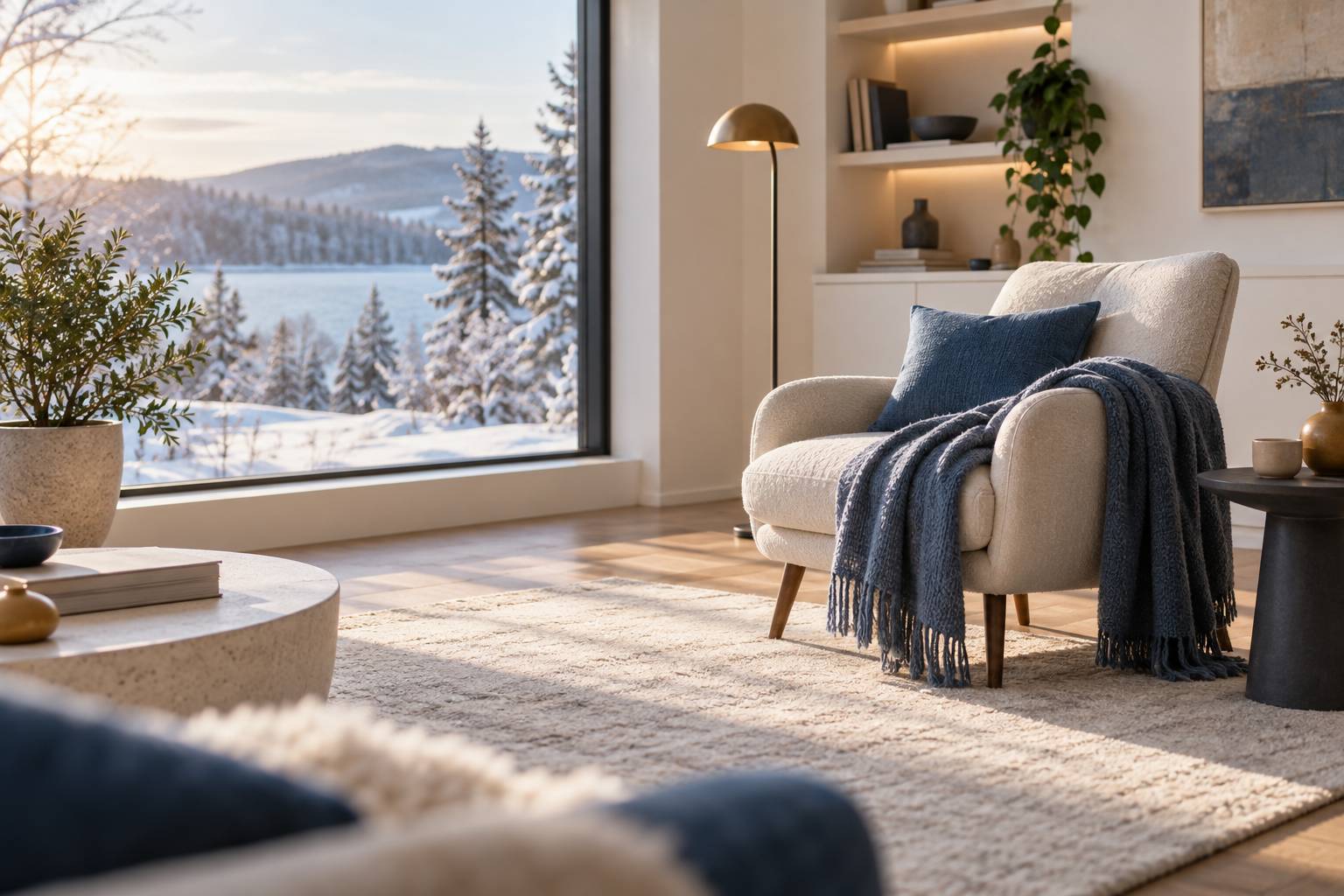 Interieur aere avec fauteuil, plaid en laine et plante pres d'une fenetre