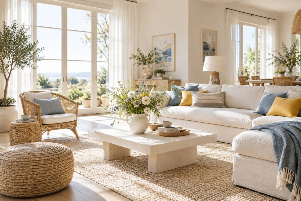 Salon clair décoré pour le printemps avec voilages, coussins pastel et bouquet frais