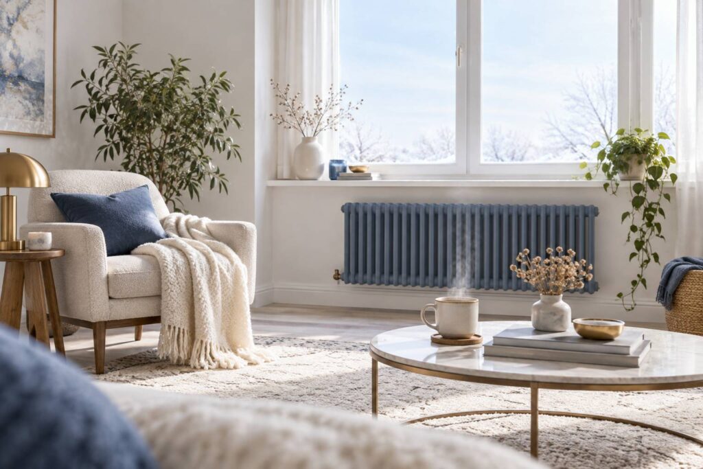 Sejour en hiver avec radiateur, plaid et lumiere froide par la fenetre