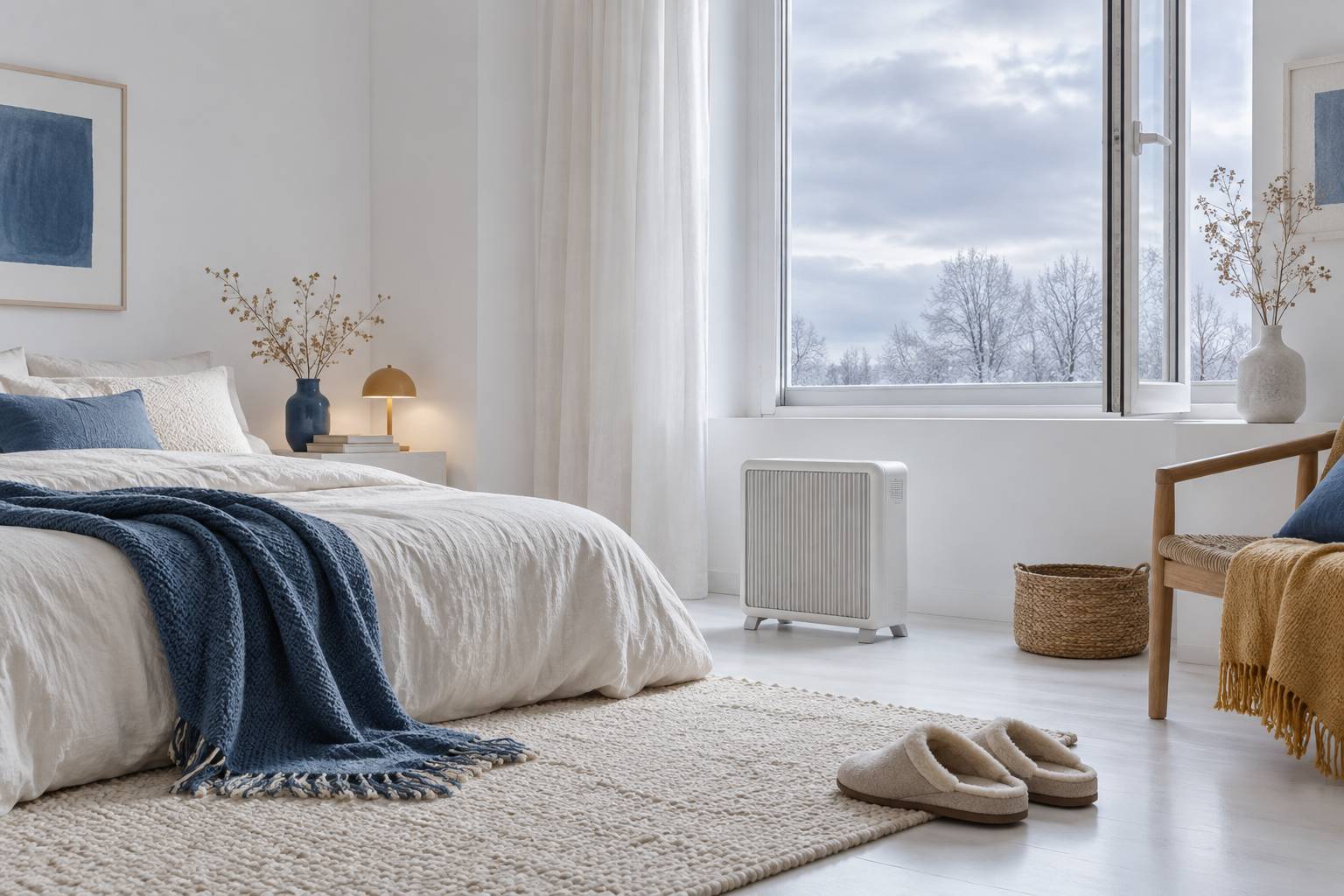 Chambre d'hiver avec radiateur d'appoint et fenetre entrouverte
