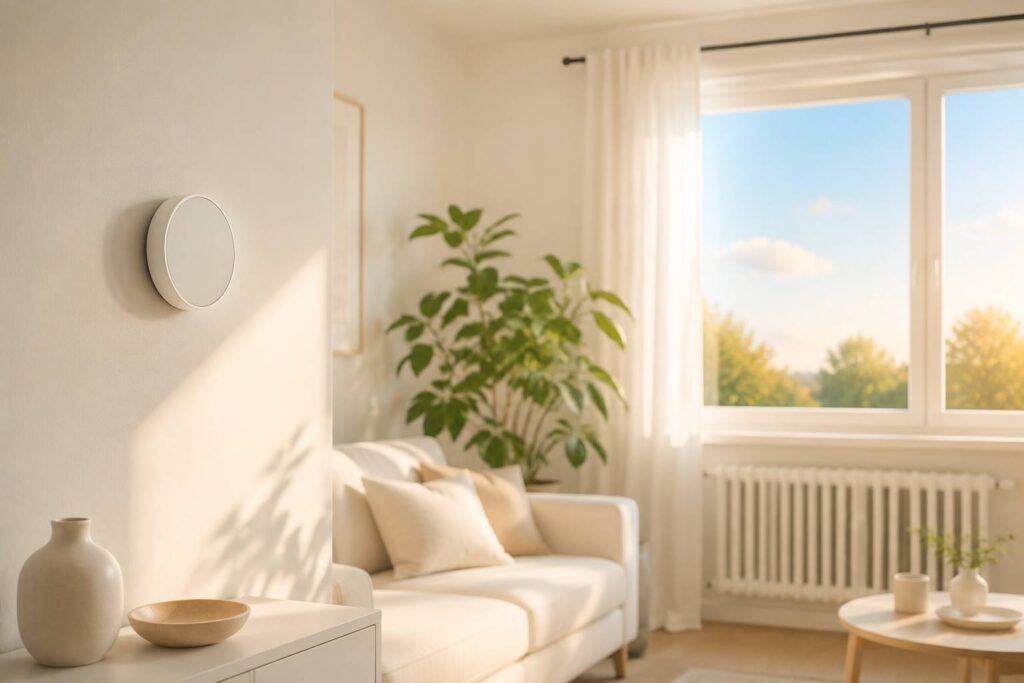 Thermostat mural blanc générique dans un salon lumineux avec radiateur sous une grande fenêtre