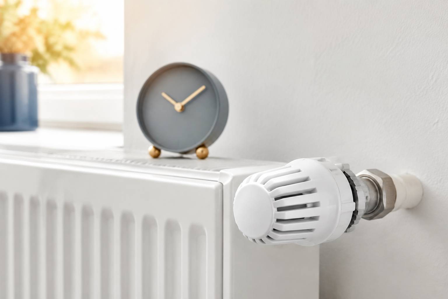 Vanne thermostatique de radiateur blanc avec molette de réglage, gros plan sans texte