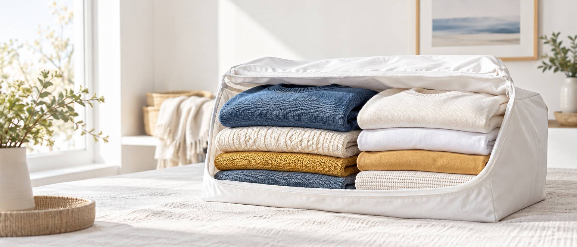 Gros plan sur des vêtements pliés rangés dans une housse saisonnière