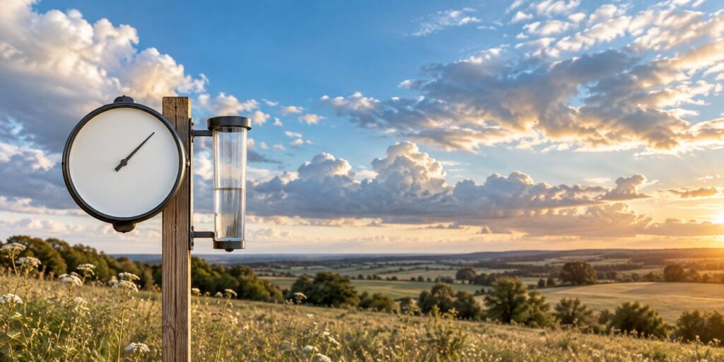 Abri météorologique de jardin avec thermomètre extérieur face à un paysage dégagé