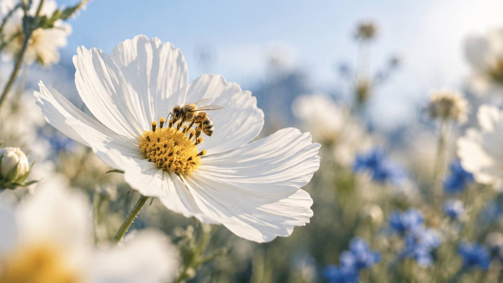 Fleur butinée par un insecte générique dans un jardin ensoleillé