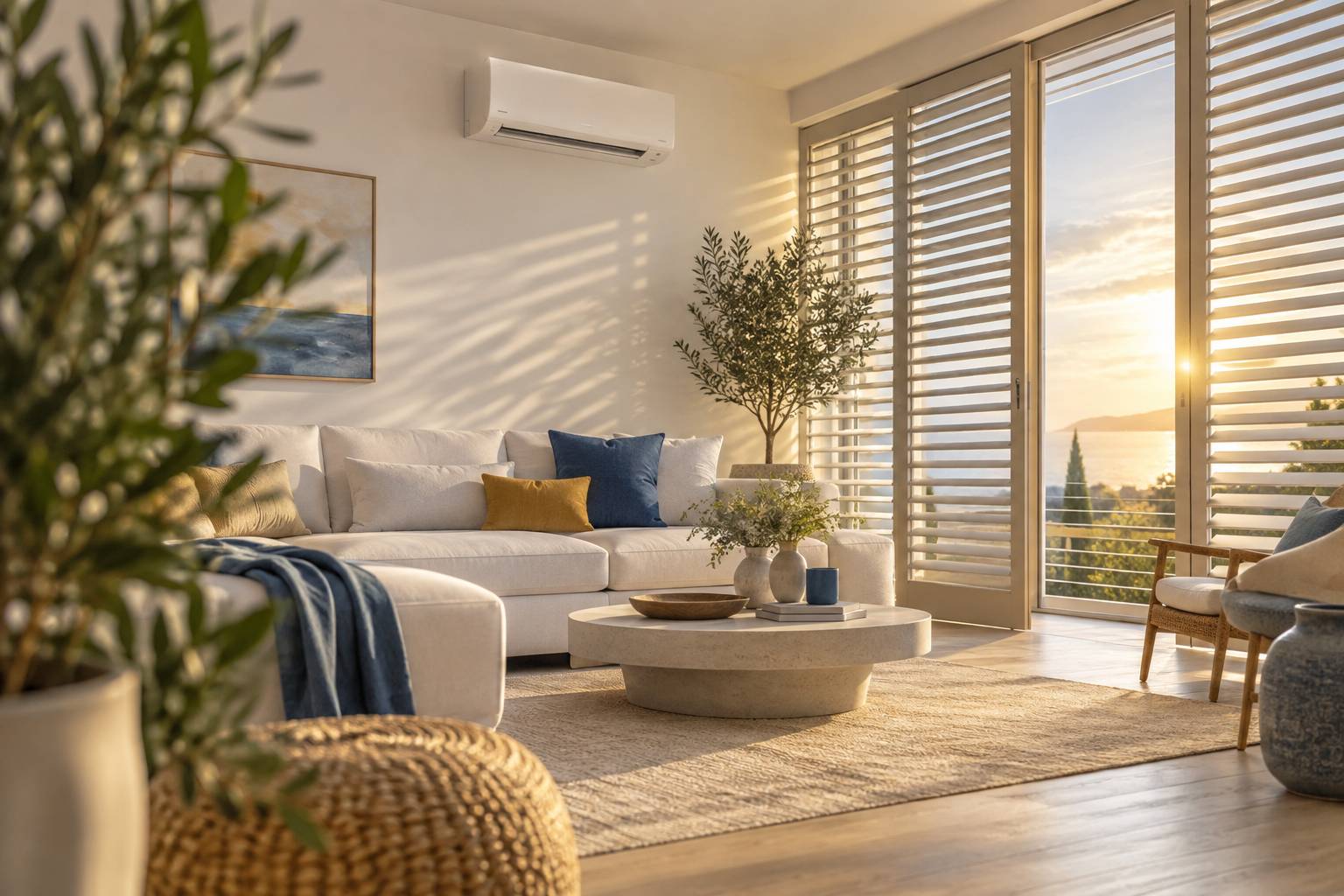 Salon lumineux avec climatisation split murale et volets mi-clos en été