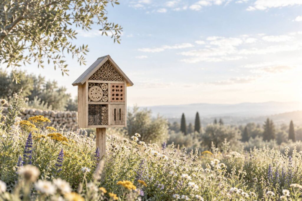 Hotel a insectes en bois installe dans un jardin fleuri