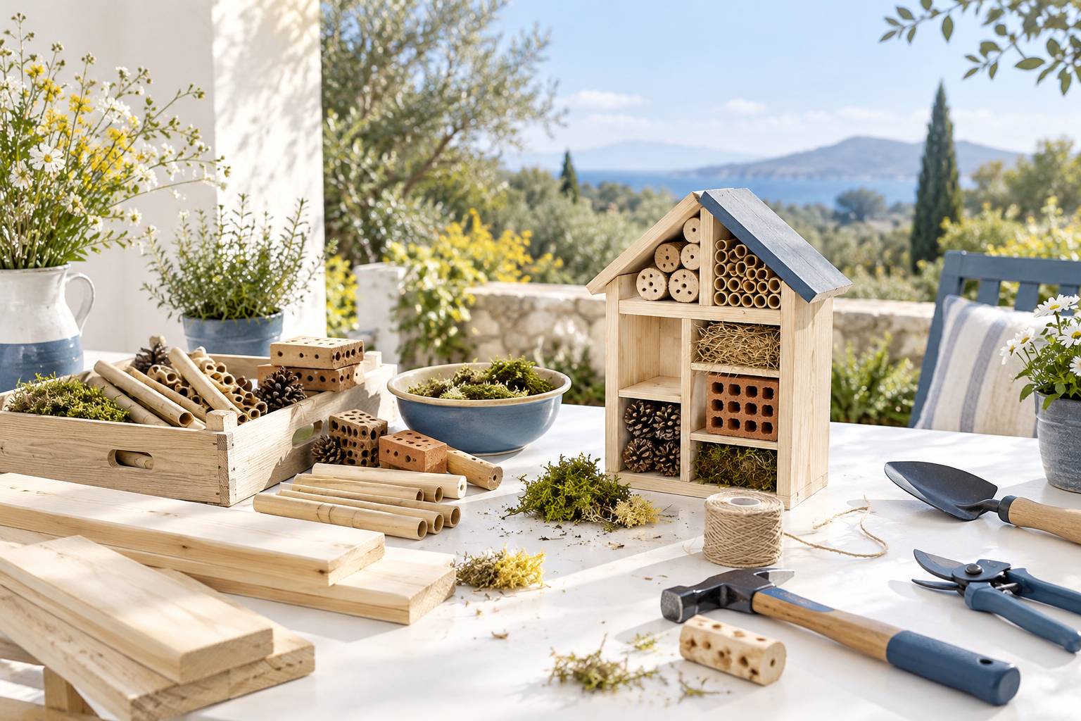 Hotel a insectes en bois, tiges creuses et briques dans un atelier