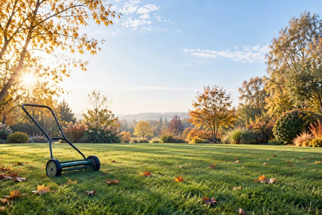 Pelouse de jardin en automne avec tondeuse et feuilles mortes