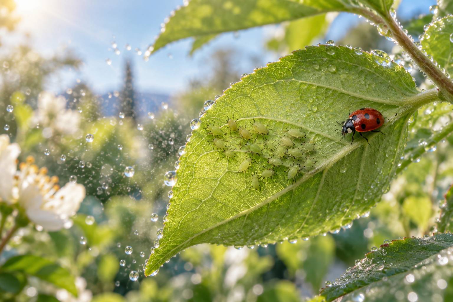 Pucerons au revers d'une feuille verte avec une coccinelle
