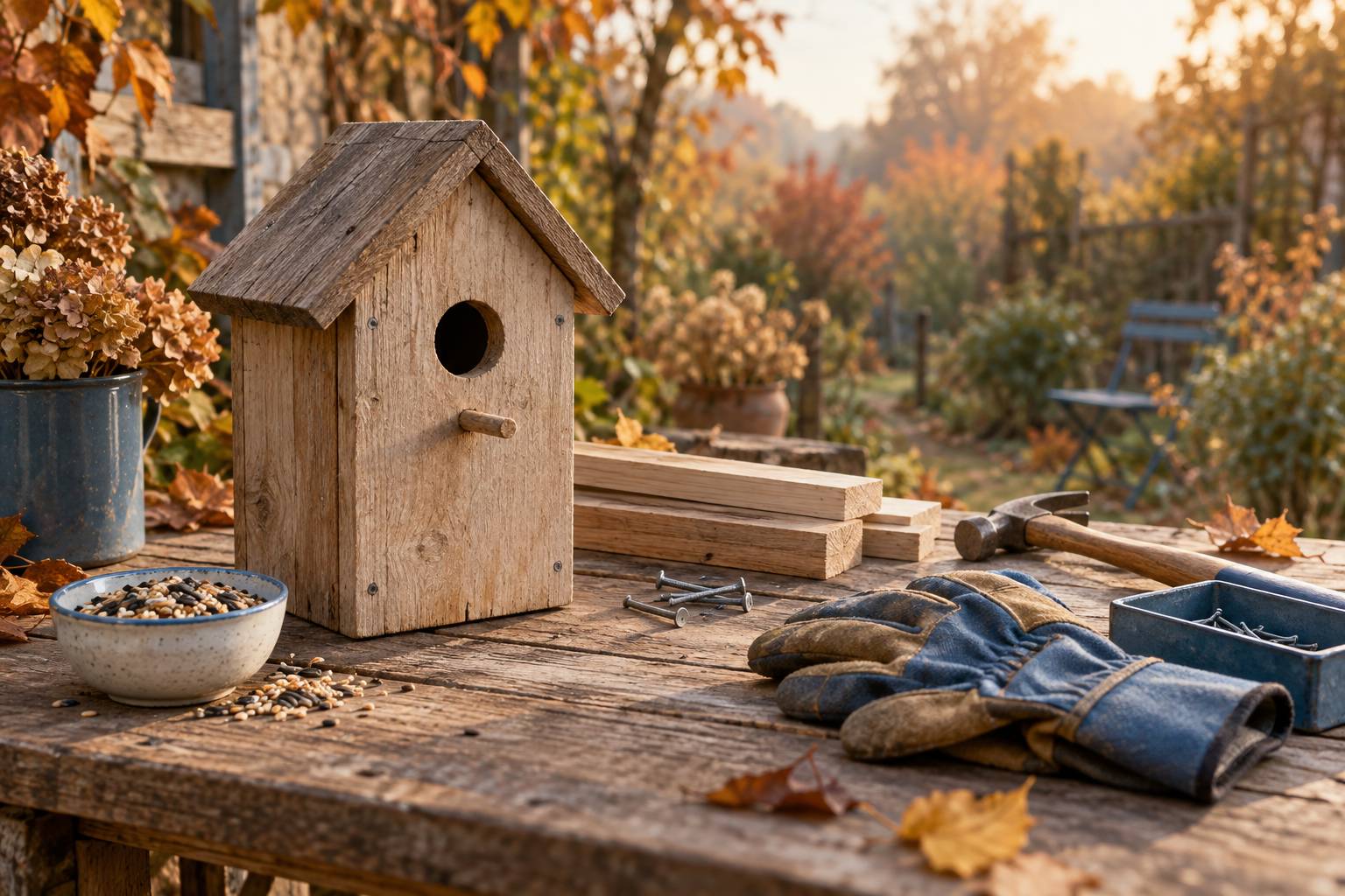 Nichoir en bois posé sur un établi avec planches, clous et graines