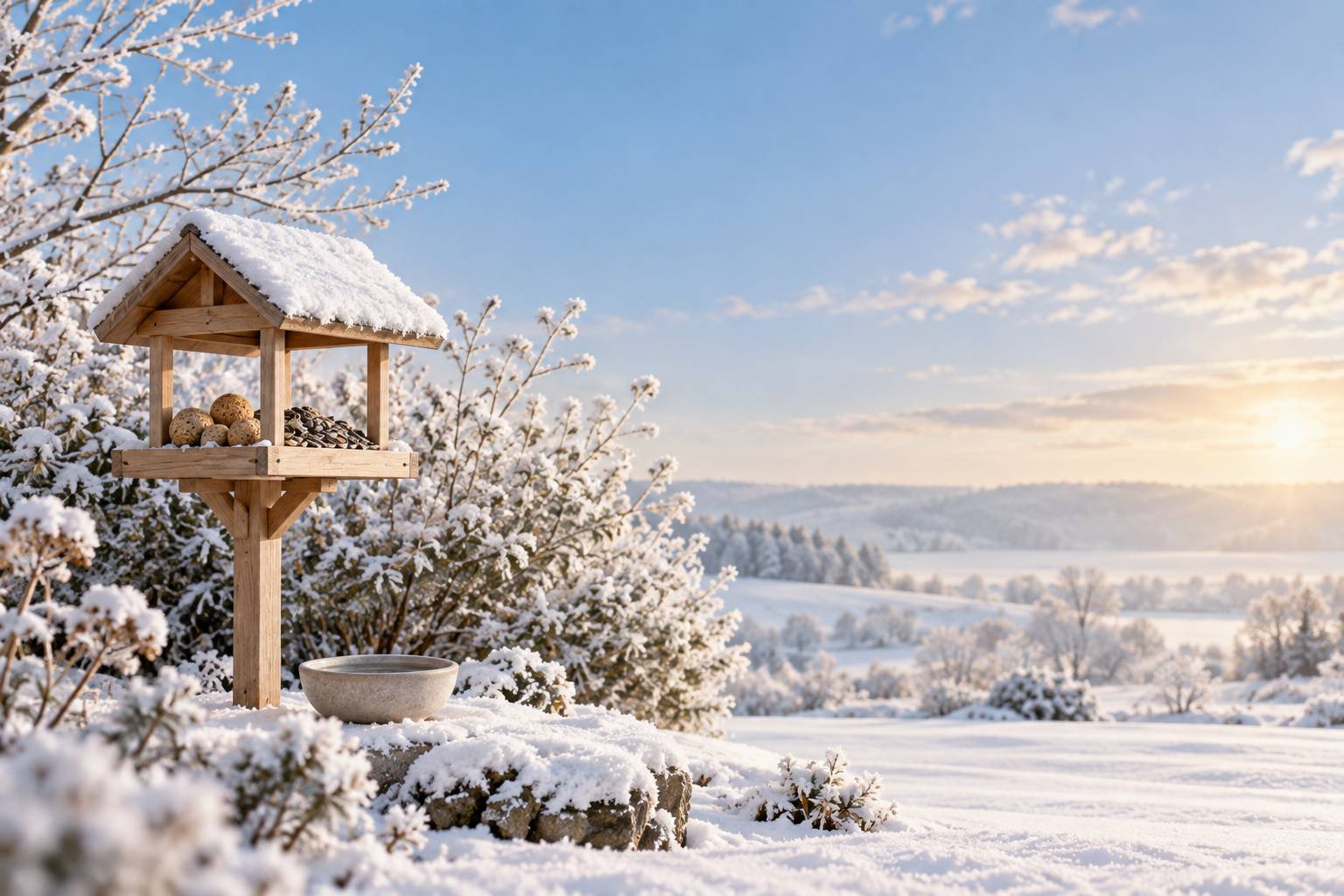 Poste de nourrissage d'hiver avec graines et coupelle d'eau non gelee